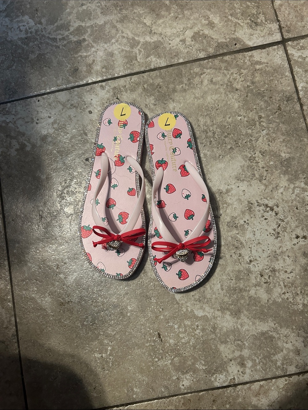 Pink Strawberry Print Flip Flops with Red Bow Accent